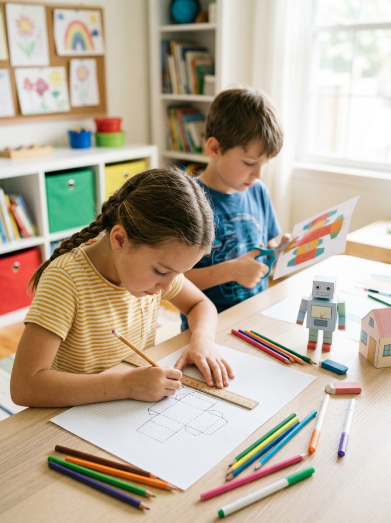  Kids designing own printable DIY craft templates sketching on grid paper planning fold lines before creating custom craft 