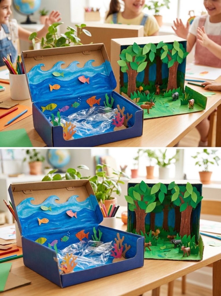Recycled cardboard diorama school project in shoebox with painted background and 3D paper elements inside