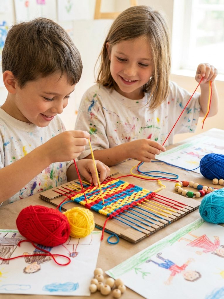  Kids doing cardboard weaving craft with colorful yarn woven through notched cardboard loom on craft table