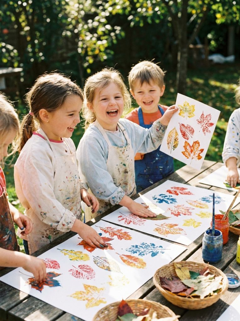 Kids doing leaf printing art outside with bright paint pressed leaves showing colorful vein detail patterns