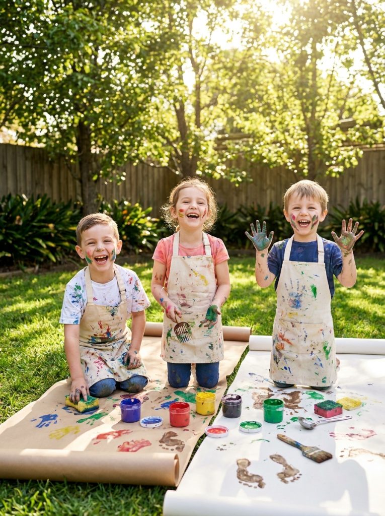 Kids doing messy paint printing outside on large paper on grass with hands and sponges in bright backyard
