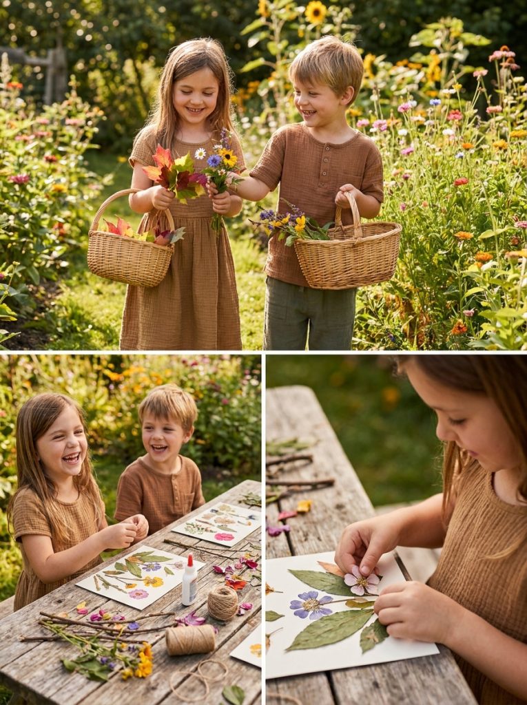  Kids doing nature summer crafts collecting leaves flowers and materials making beautiful nature collages at sunny outdoor table