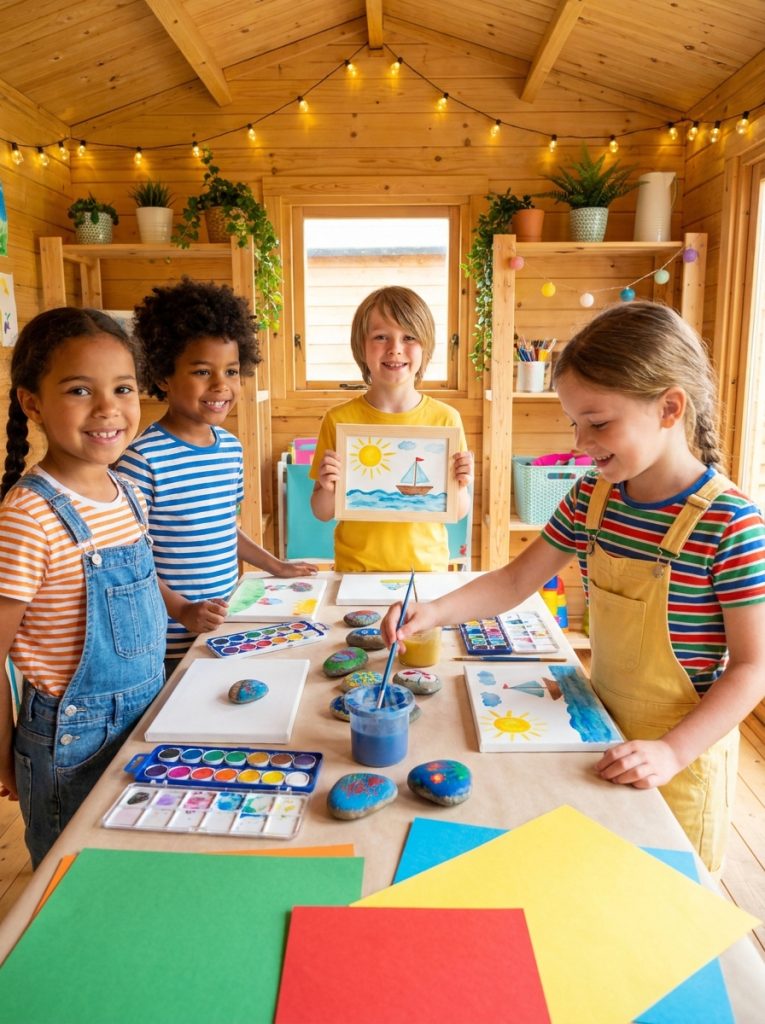 Kids doing easy simple summer art projects completing watercolor summer scenes and basic paintings at cheerful craft table