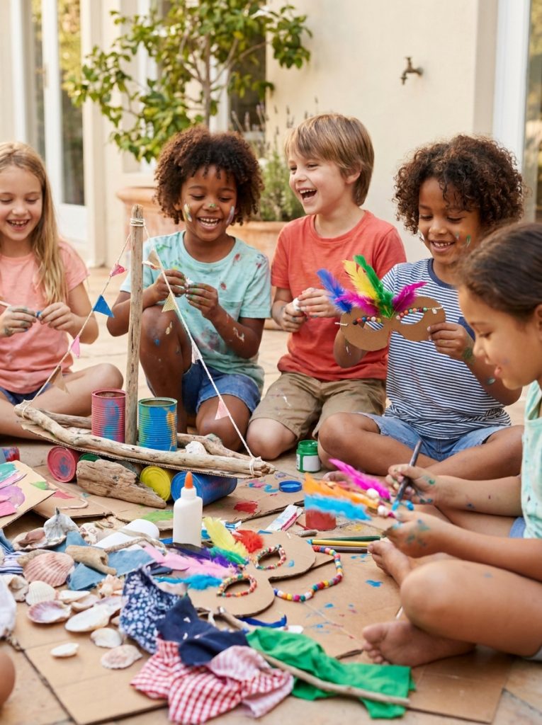 Kids doing creative DIY fun summer crafts from their own imagination using mixed materials in genuinely personal projects