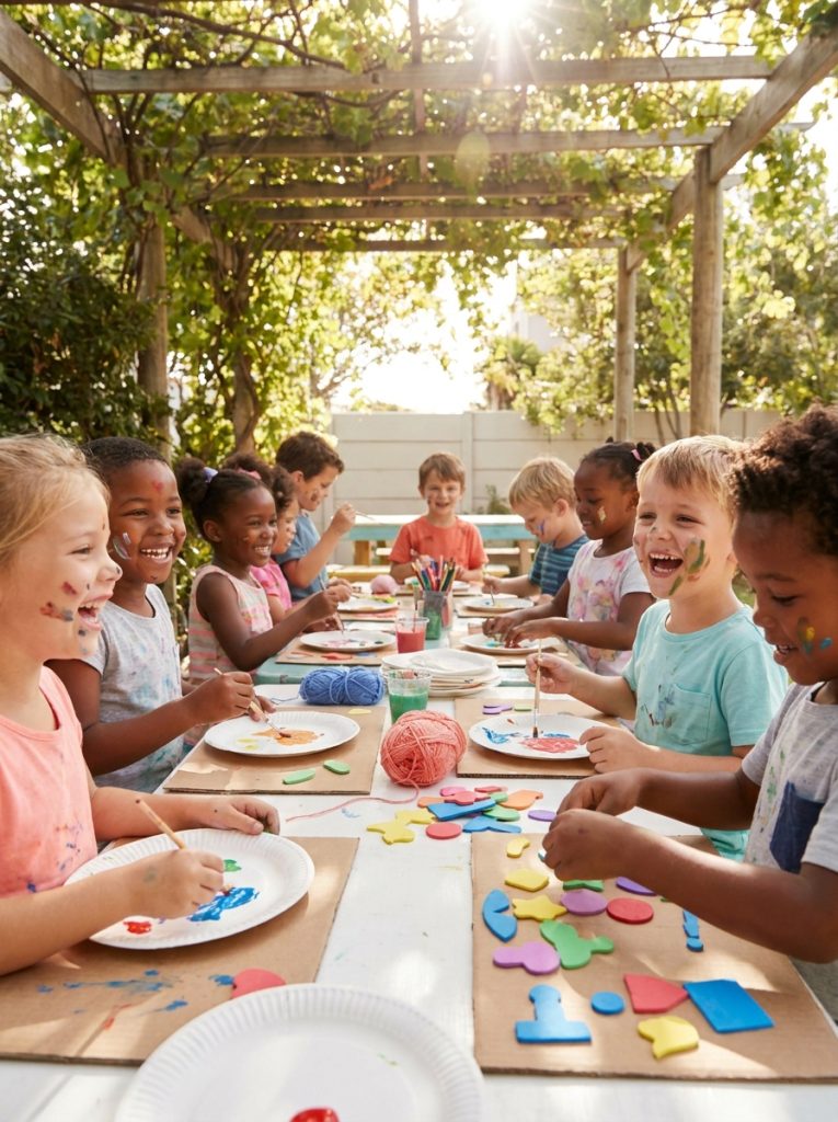 Preschool and younger school age kids doing fun summer crafts together with colorful projects and joyful expressions