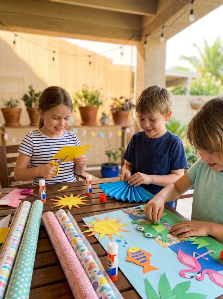 Kids doing simple summer paper crafts cutting folding and assembling colorful paper into summer animals fans and decorations 