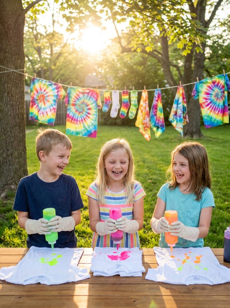 Kids doing tie dye summer craft with gloves squeezing bright dye onto folded fabric shirts with colorful results drying on line