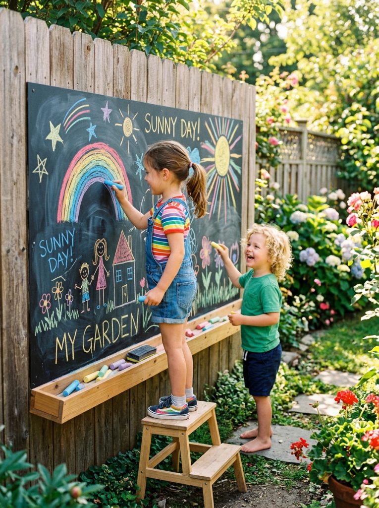 Kids drawing vibrant colorful chalk art on outdoor chalkboard wall in sunny garden