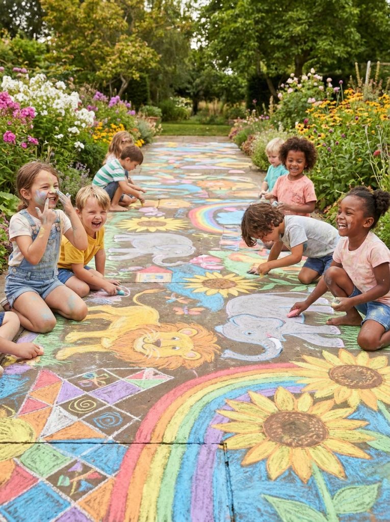 Kids doing colorful sidewalk chalk art drawings of animals and flowers on garden path in bright summer