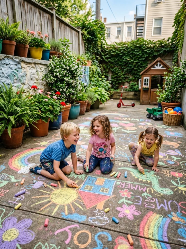 Kids drawing colorful chalk art on concrete backyard play area with potted plants