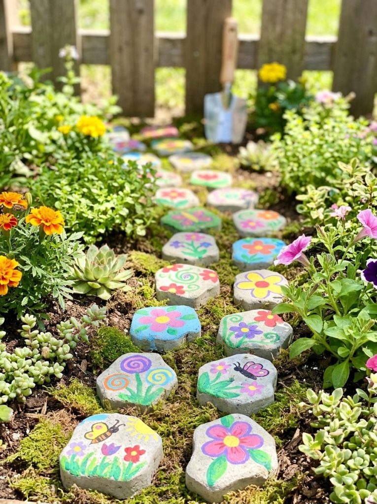 Fairy garden stepping stones path with small colorful painted stones winding through miniature garden