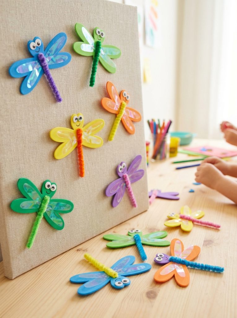  Beautiful foam sheet dragonfly insect crafts with colorful foam wings pipe cleaner bodies in bright cheerful display