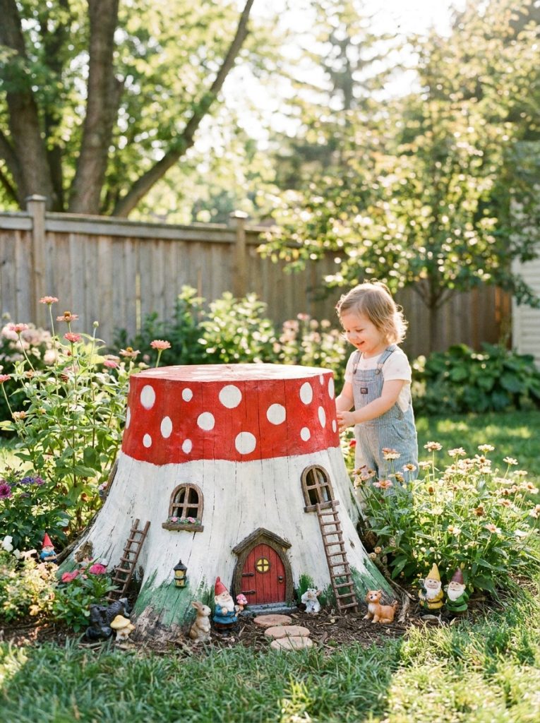 Tree stump painted as red and white toadstool with fairy doors and accessories as fun kids garden feature