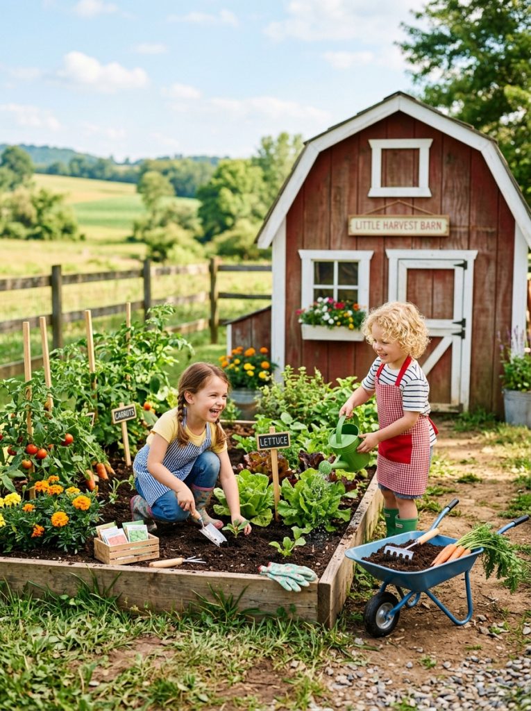 Farm-themed kids outdoor play area with barn playhouse and raised vegetable garden bed