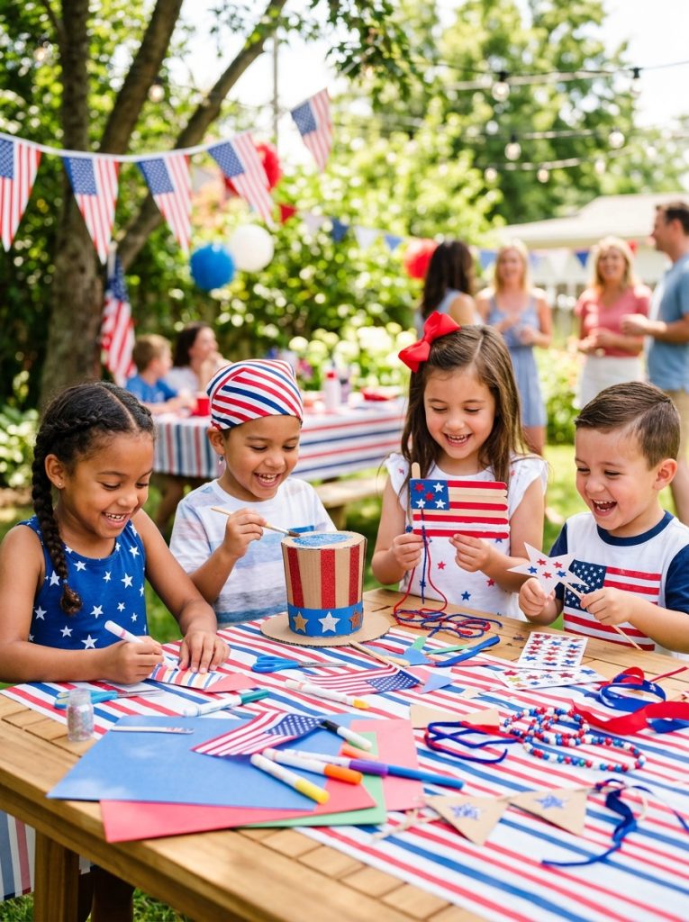 Kids having fun with creative patriotic july craft ideas making multiple July 4th projects at festive red white blue craft table
