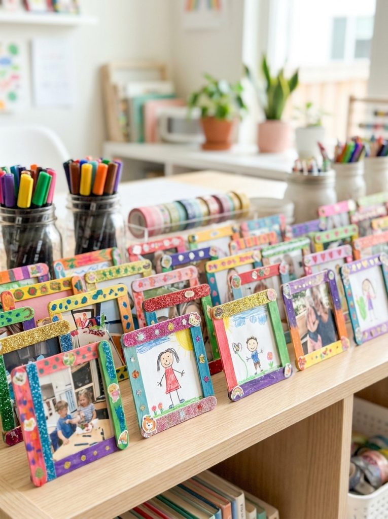 Beautiful ice cream stick photo frame crafts with painted decorated popsicle stick frames holding photos in colorful display