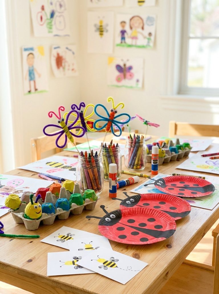 Creative kids insect craft table displaying pipe cleaner butterflies egg carton caterpillars paper plate ladybugs and fingerprint bees