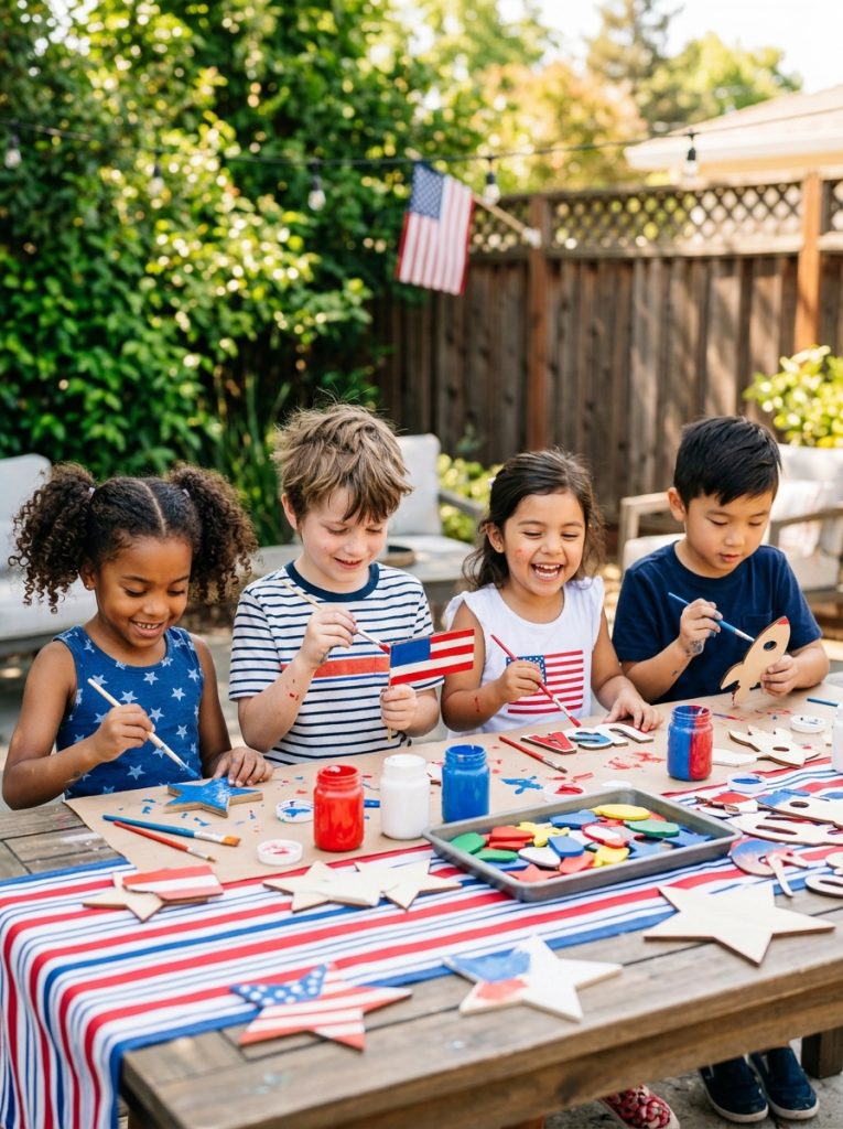 Kids making easy 4th of July wood crafts painting wooden stars flags and patriotic shapes in red white blue at festive craft table Pin