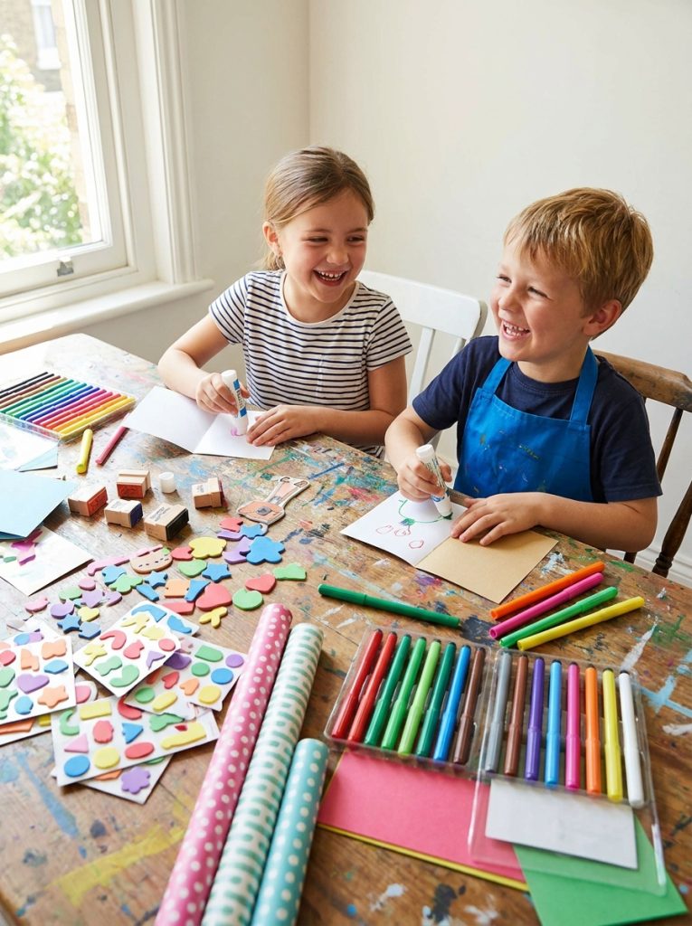 Kids making fathers day cards with card making kit foam stickers and markers at colorful table