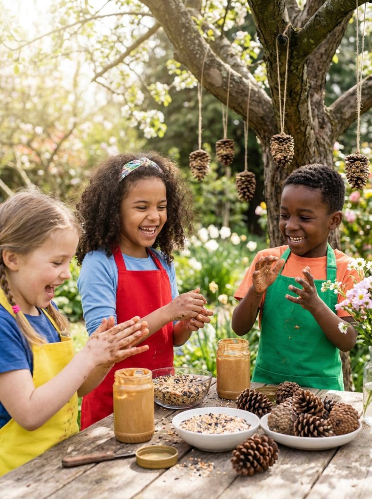 Kids making DIY pine cone bird feeders rolled in peanut butter and bird seed hanging in sunny garden