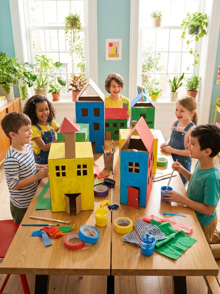  Kids making colorful cardboard box city with painted buildings windows and doors on bright craft table