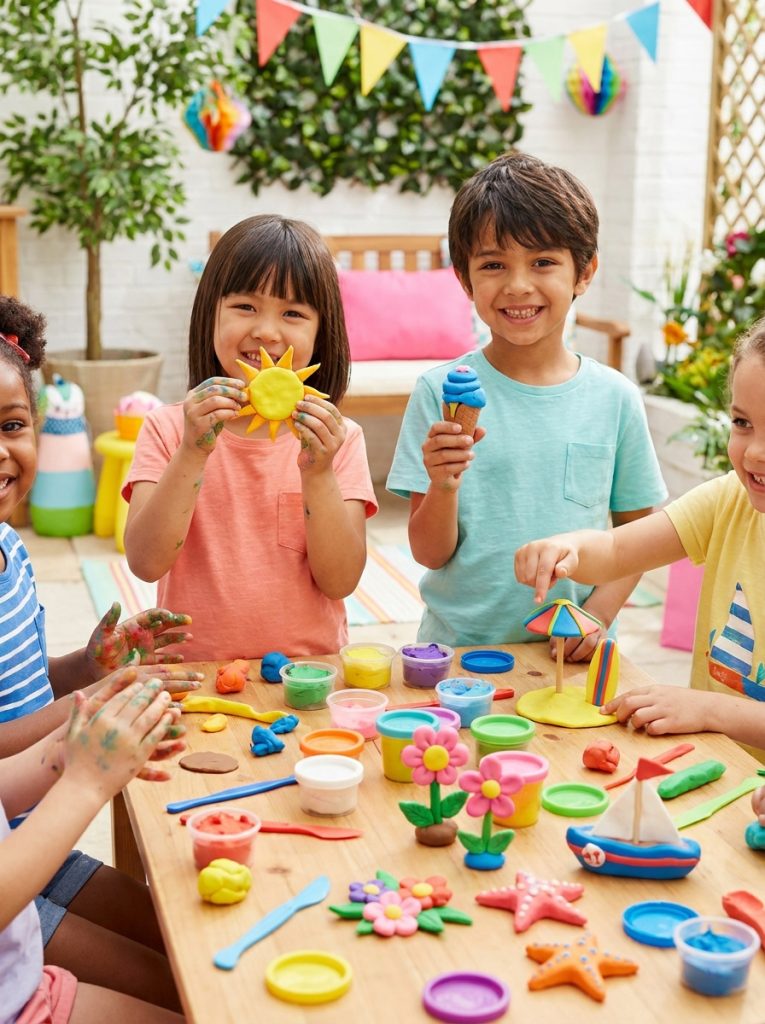 Kids making fun clay summer craft creations shaping colorful clay into suns flowers ice creams and beach items at craft table