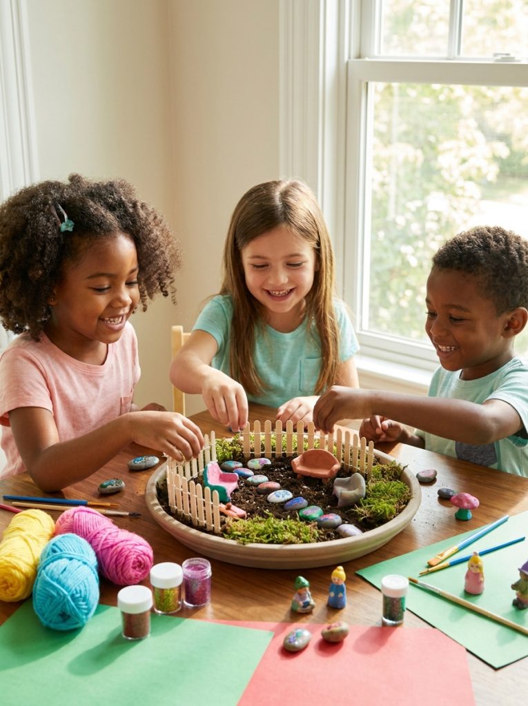  Kids making DIY fairy garden with popsicle stick fences painted rocks and clay furniture at craft table