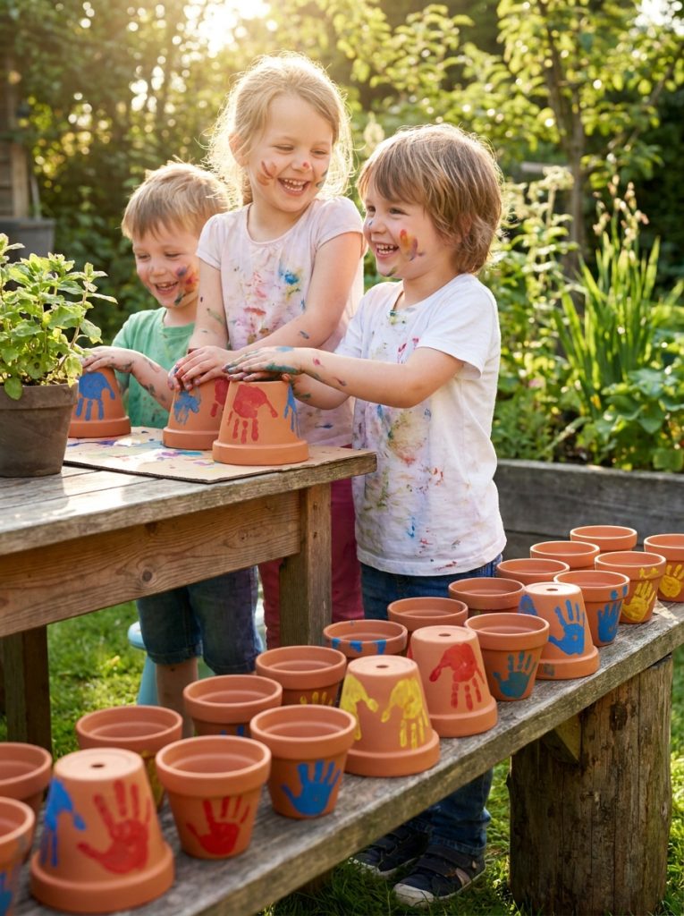 Kids making Fathers Day handprint flower pots outdoor gift with colorful painted handprints on terracotta