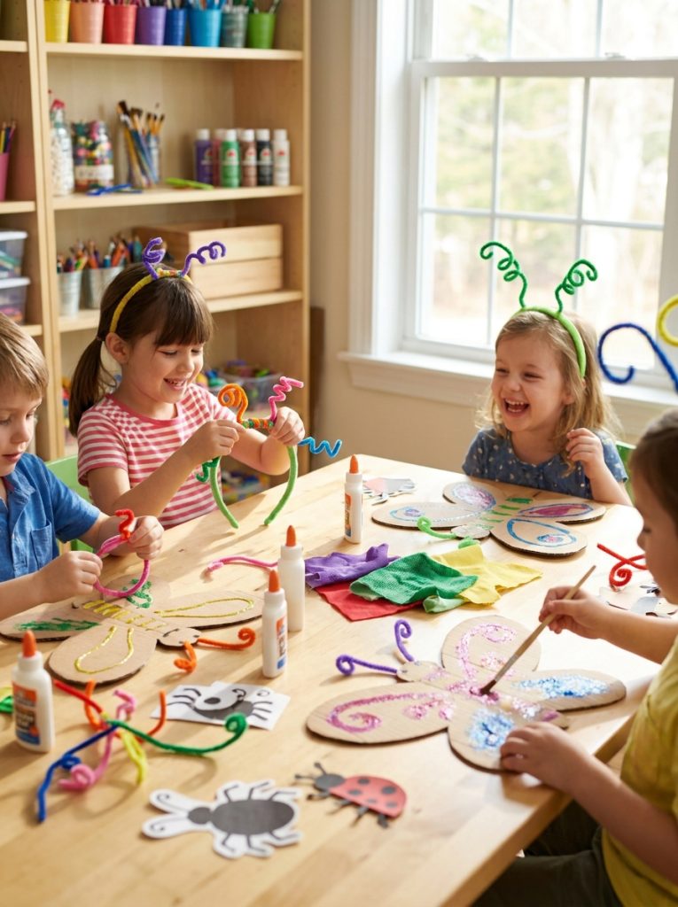  Kids making simple insect costume craft accessories with pipe cleaner antennae headbands and cardboard wing sets for dress up