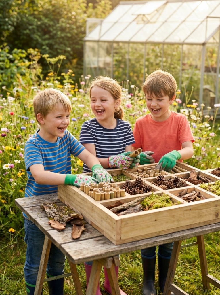  Kids making DIY insect hotel garden craft filling wooden frame with bamboo tubes pine cones bark and moss outdoors 