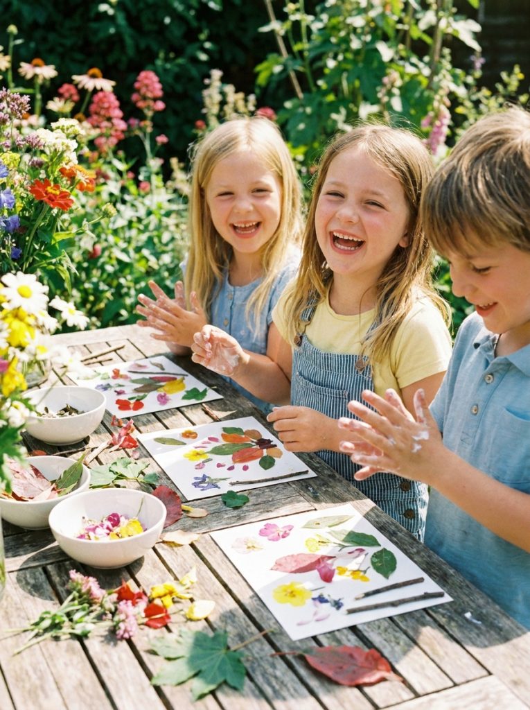 Kids making nature collage art with leaves flowers and sticks on white card at sunny garden table