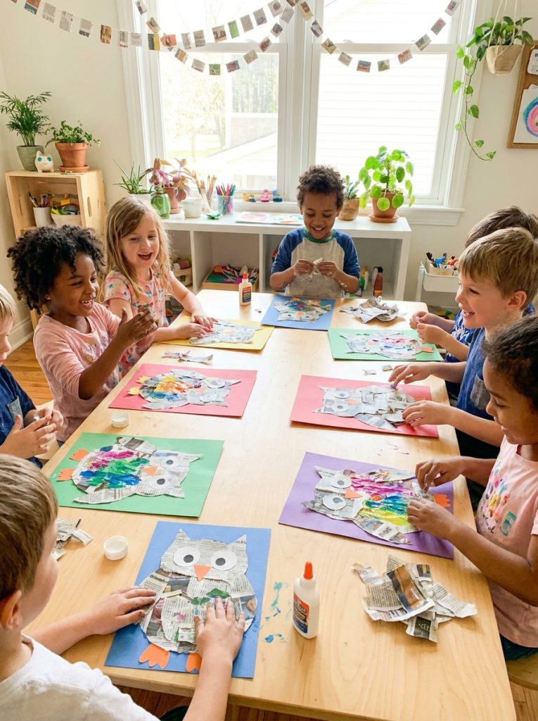  Kids making newspaper collage art with torn pieces glued onto paper forming animal shapes on bright table