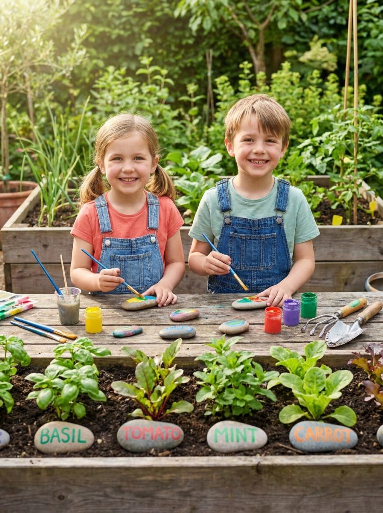 Kids making painted pebble garden plant markers with herb names in bright colors placed in front of garden plants