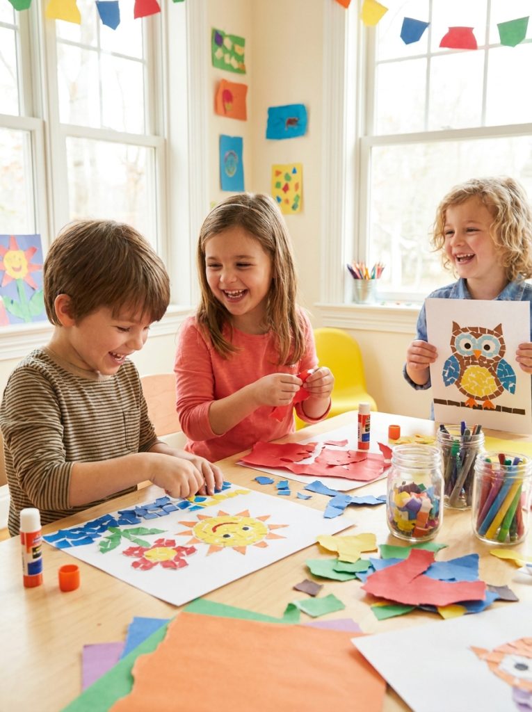 Kids making colorful paper mosaic art with torn paper pieces and glue sticks on bright craft table