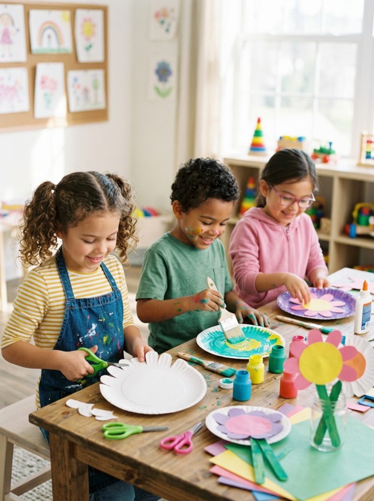 Kids using paper plate craft supplies cutting plates into petals painting bright colors and assembling complete flowers at craft table