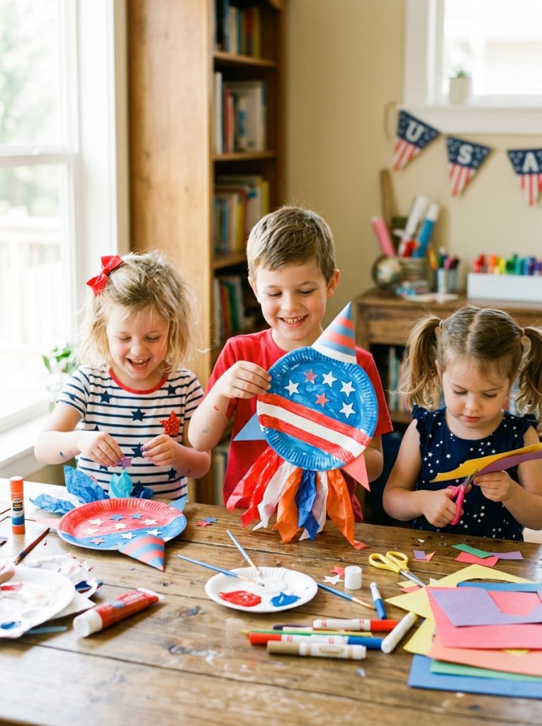 Kids making paper plate rocket july crafts with red white blue painted plates assembled into rockets with tissue paper flames