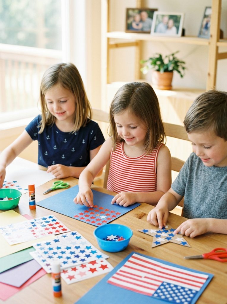 Kids making patriotic star sticker july crafts pressing red white blue stars onto paper creating patriotic mosaic patterns 