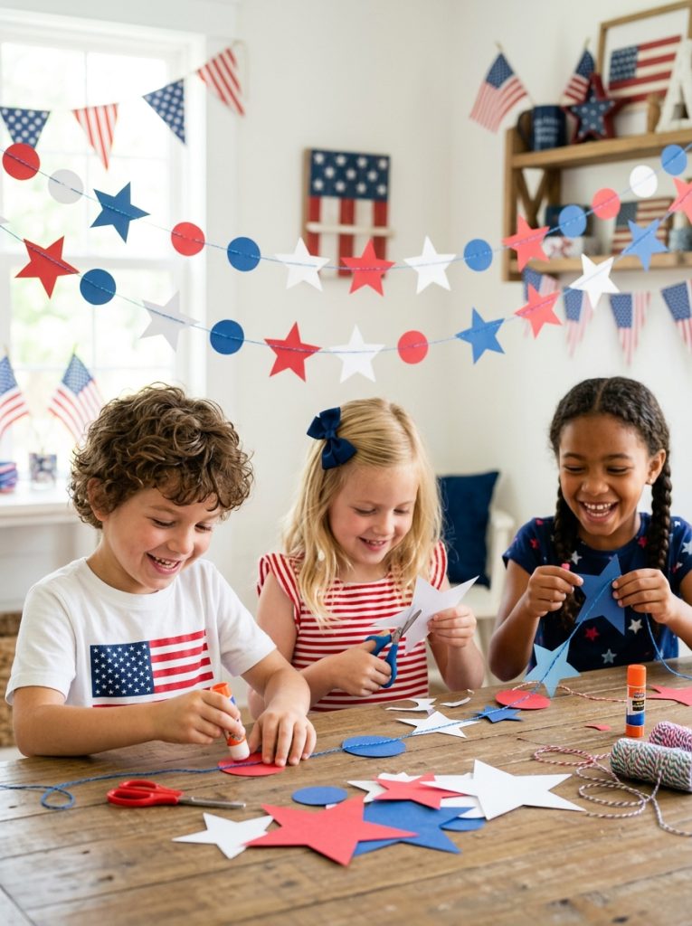  Kids making patriotic paper garland july craft cutting red white blue paper stars and circles into festive Independence Day decoration