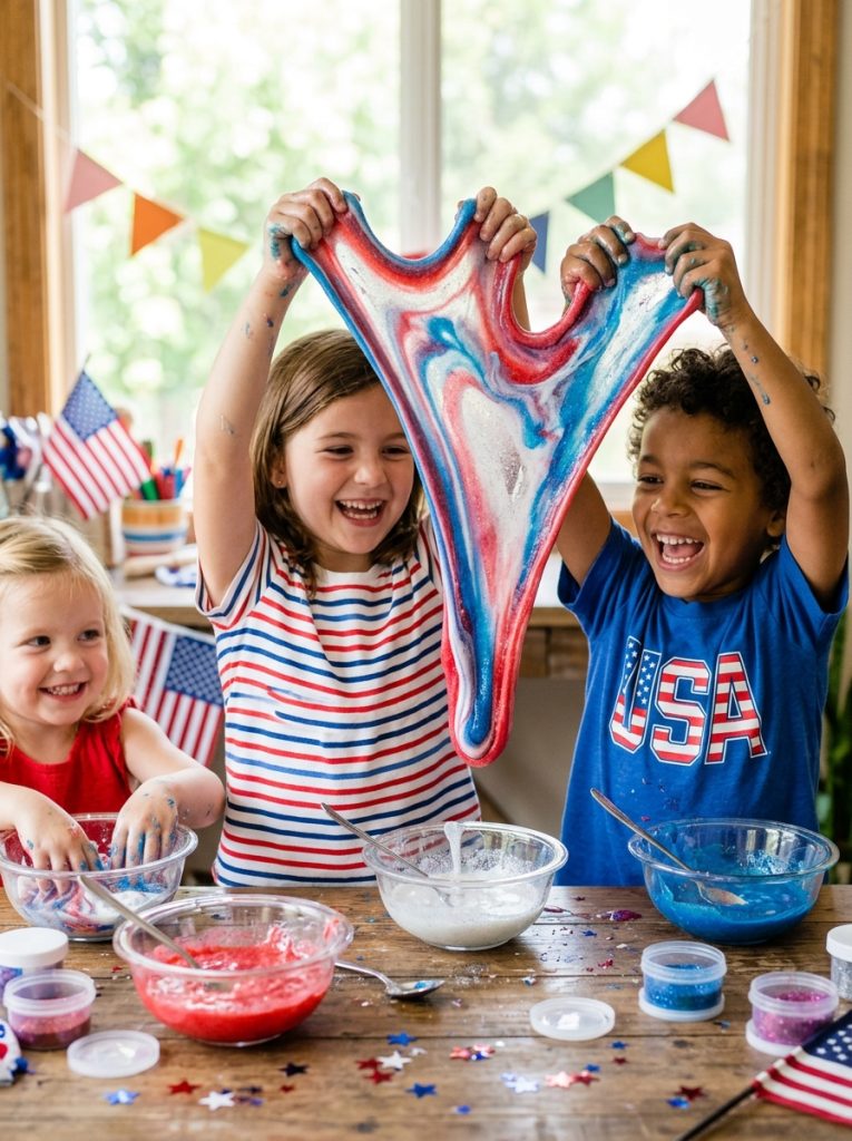 Kids making patriotic red white and blue slime july craft mixing and stretching three colored slimes into swirled patterns