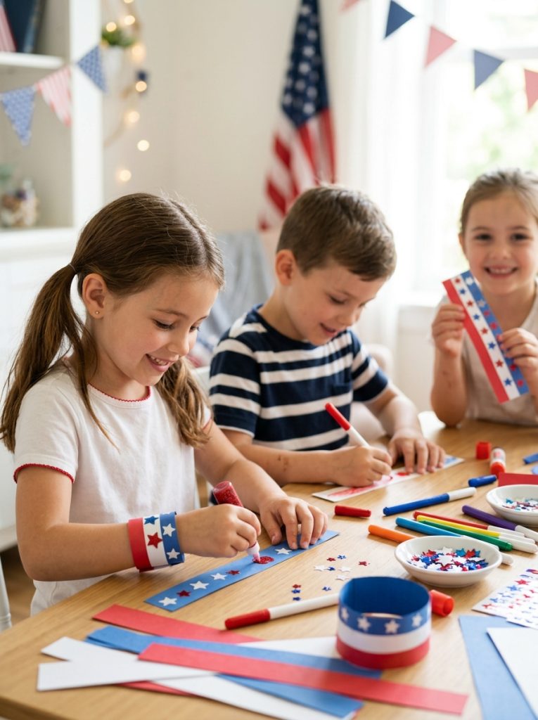  Kids making patriotic wristband july crafts decorating paper strips red white blue to wear for Independence Day celebration
