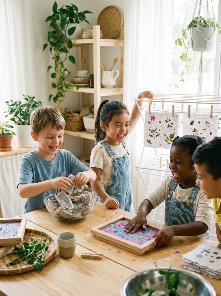 Kids making recycled seed paper with newspaper pulp spread on frame and finished squares drying on rack