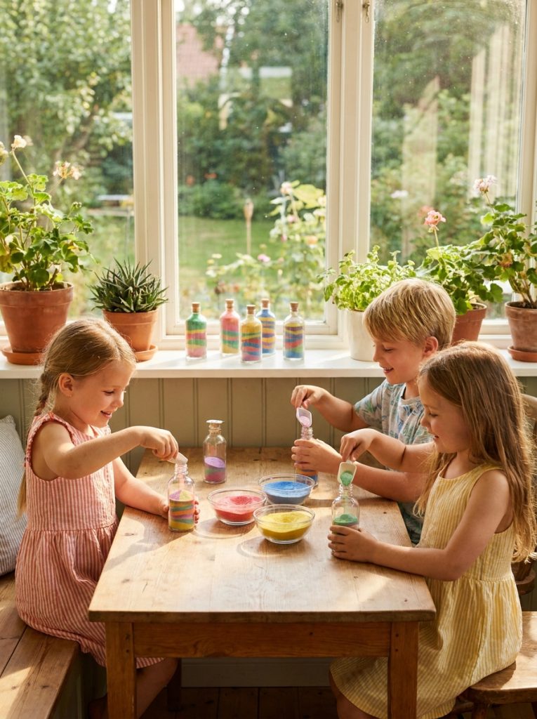 Kids making sand art summer craft carefully pouring colored sand into clear bottles creating layered designs displayed on sunny windowsill