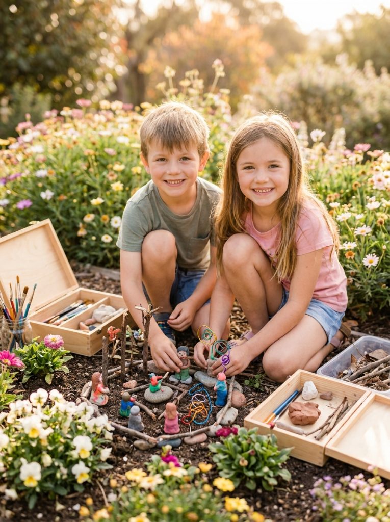 Kids making mini sculpture garden outside with natural materials and craft supplies displayed among garden plants