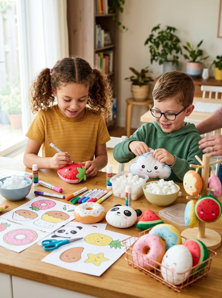 Kids making squishy DIY crafts assembling cute food and character squishies with printable covers and foam filling 