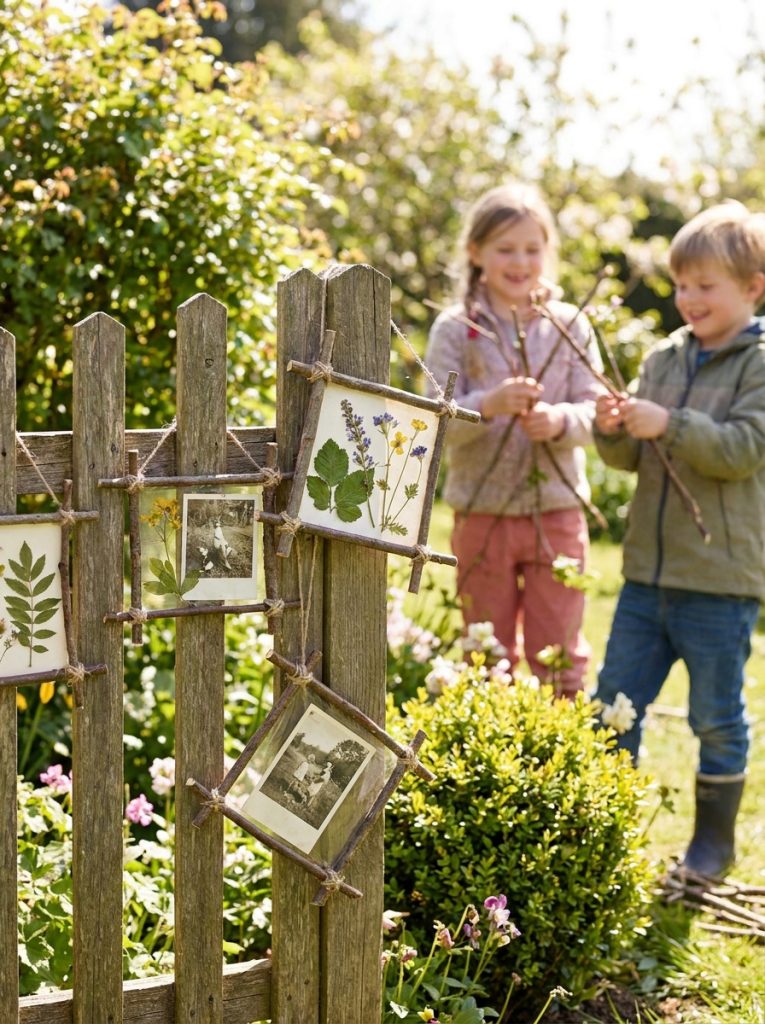 Kids making twig picture frames with twine tied at corners displayed on garden fence in sunny setting