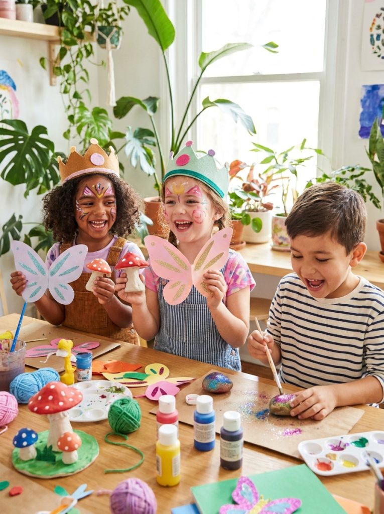 Kids making easy whimsical crafts creating clay mushrooms paper fairy wings and magical painted rocks at cheerful craft table