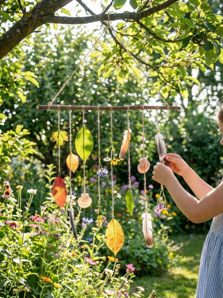 Beautiful nature mobile hanging from garden tree with leaves feathers shells and flowers at different heights