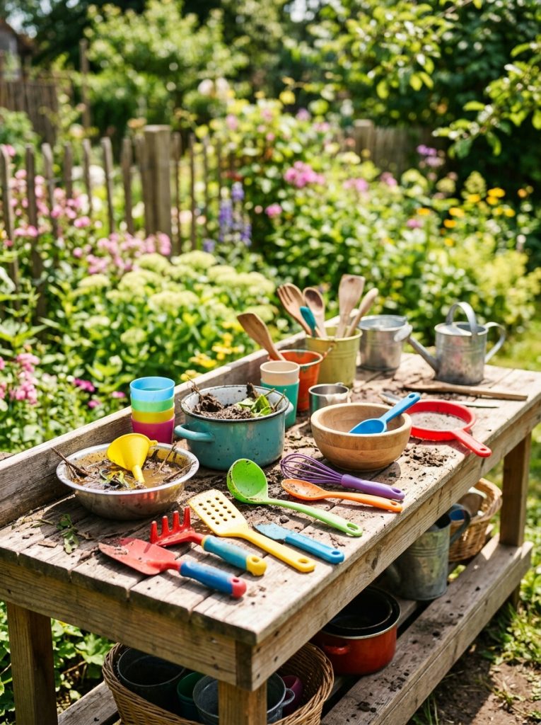 Colorful kids mud kitchen play tools set with rakes spatulas spoons and funnels on surface
