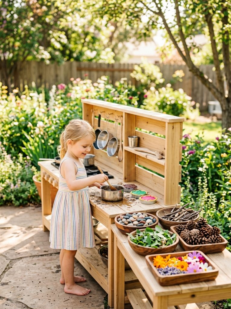 Outdoor mud kitchen with natural materials station bowls of pebbles leaves and pinecones