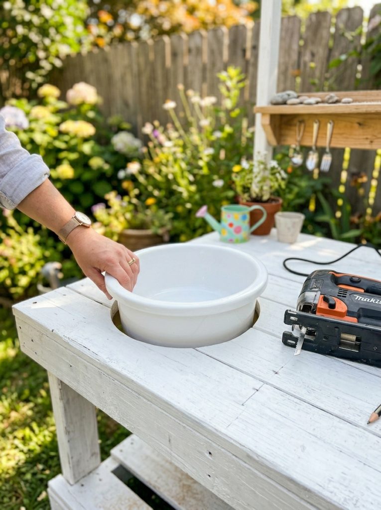 White kids mud kitchen sink basin being fitted into cut hole in painted pallet work surface